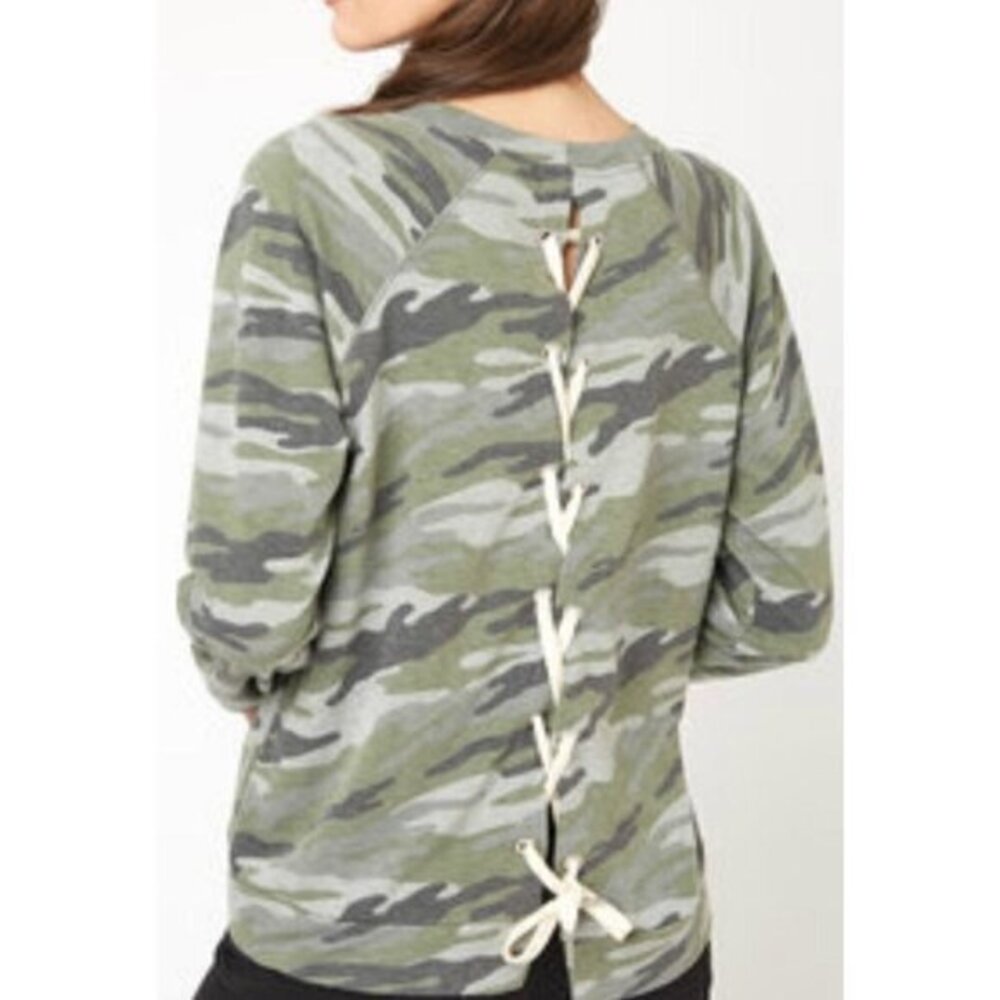 Elan Camo Lace Up Back Sweatshirt